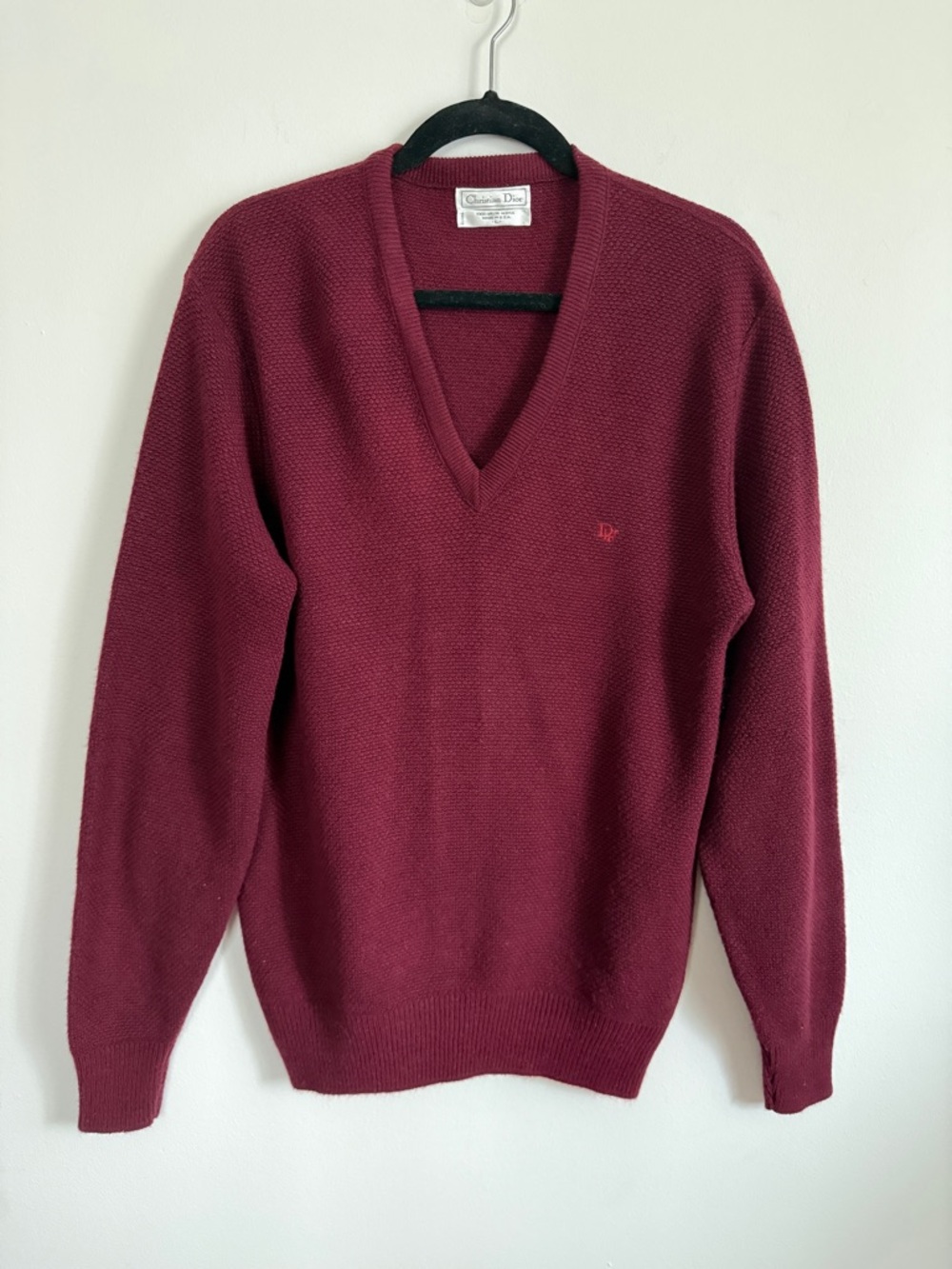 Vintage Dior Monsieur Men's V-Neck Sweater in Wine Red Sz Large